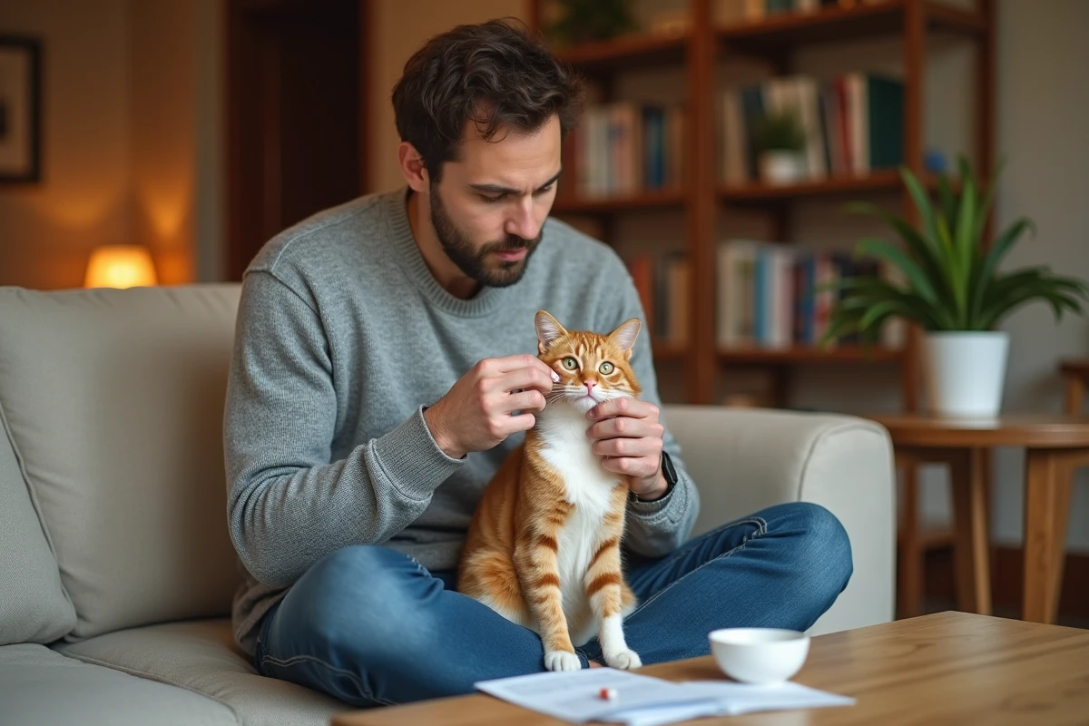 Propriétaire administrant des gouttes ophtalmiques à son chat roux atteint d'un ulcère cornéen à domicile sur le canapé