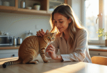 Jeune femme examine doucement l'oreille d'un chat domestique