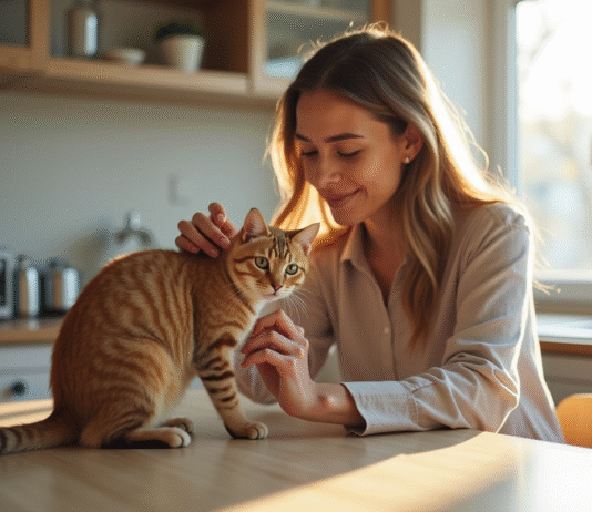 Jeune femme examine doucement l'oreille d'un chat domestique