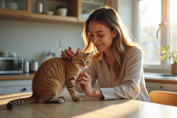 Jeune femme examine doucement l'oreille d'un chat domestique