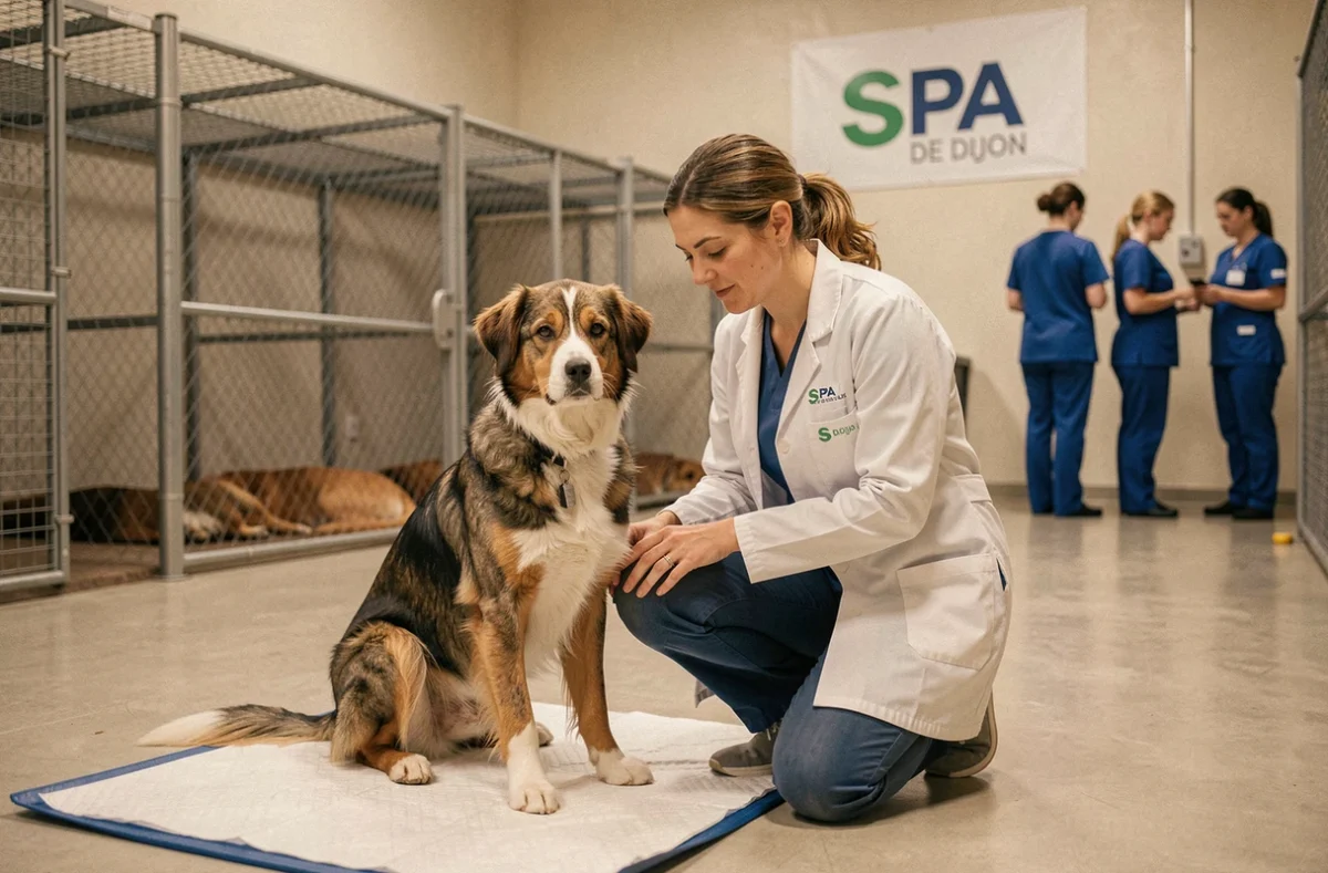 Vétérinaire soignant un chien rescapé au service vétérinaire de la SPA de Dijon