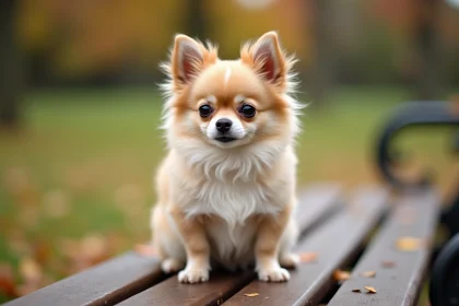 Spitz chiwawa au pelage crème et fauve assis sur un banc en bois dans un parc en automne