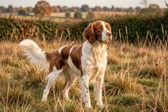 Springer anglais adulte au pelage foie et blanc debout en alerte dans un champ de chasse automnal en campagne française