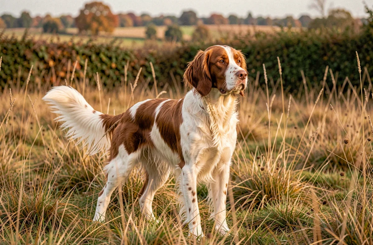 Springer anglais adulte au pelage foie et blanc debout en alerte dans un champ de chasse automnal en campagne française