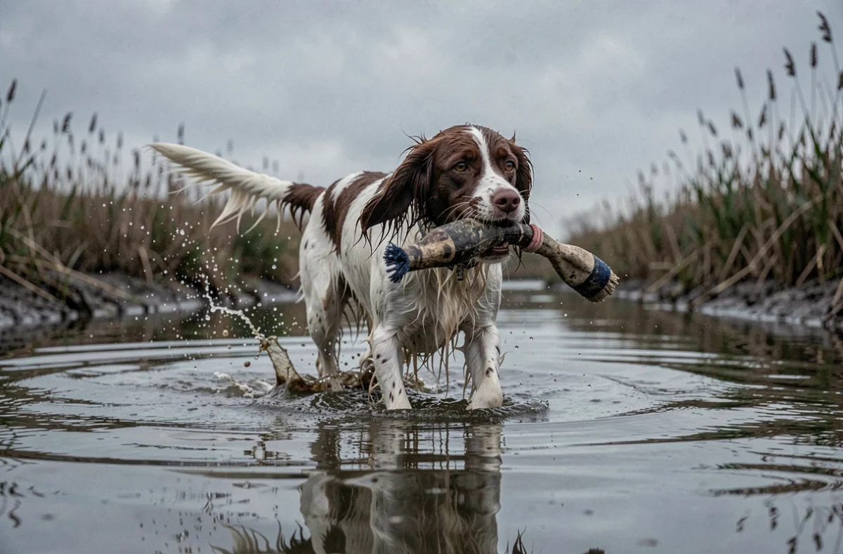Springer anglais rapportant un dummy depuis l'eau dans une zone humide, démontrant ses aptitudes naturelles de chien de chasse