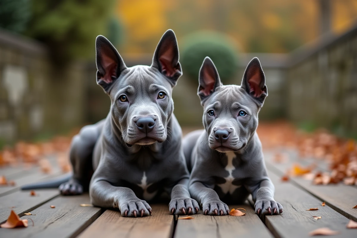 Comparaison entre un Staffie Bleu adulte et un chiot de la même race allongés côte à côte sur une terrasse en bois
