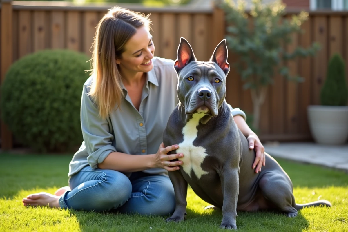 Femme adulte avec un Staffie Bleu adulte dans un jardin de banlieue, ambiance familiale naturelle