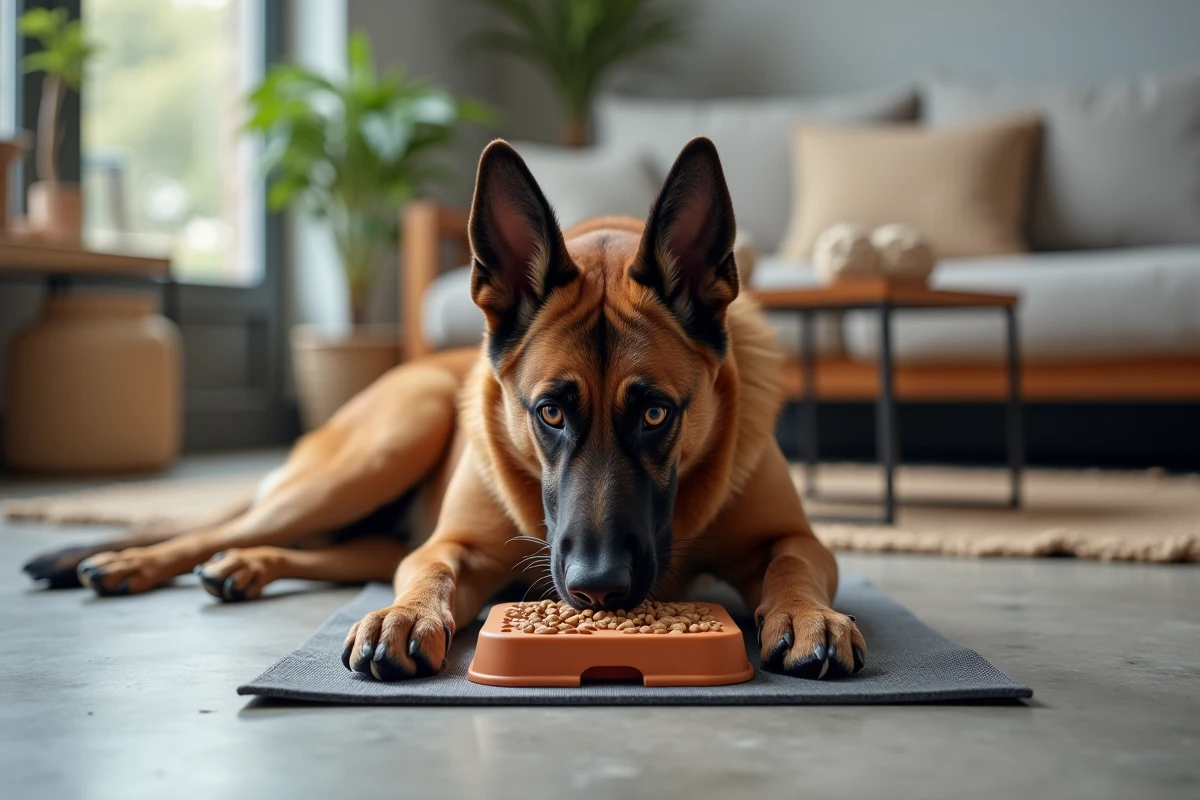 Croisé Malinois Berger allemand résolvant un jouet d'occupation interactif à l'intérieur
