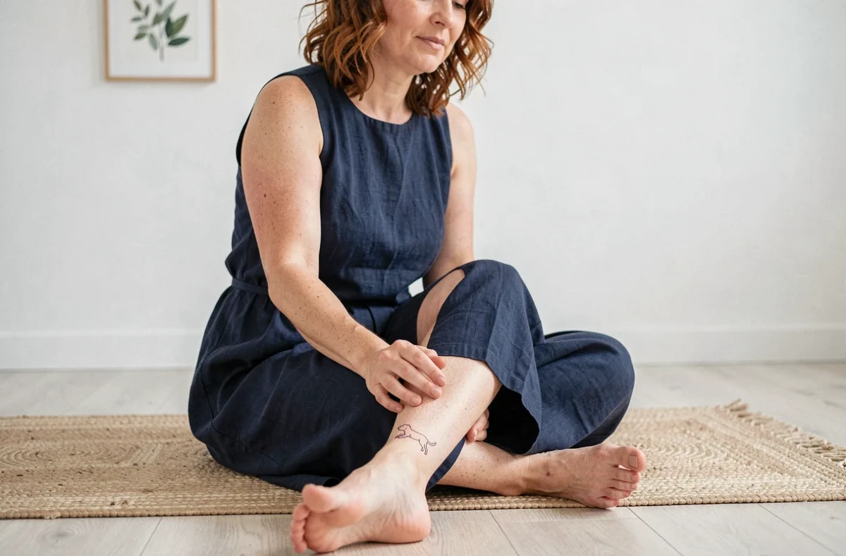 Femme assise montrant un petit tatouage minimaliste de chien au-dessus de la cheville dans un intérieur minimaliste lumineux