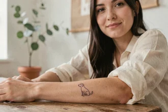 Femme montrant un tatouage minimaliste de chien en ligne fine sur le poignet intérieur dans un studio scandinave lumineux