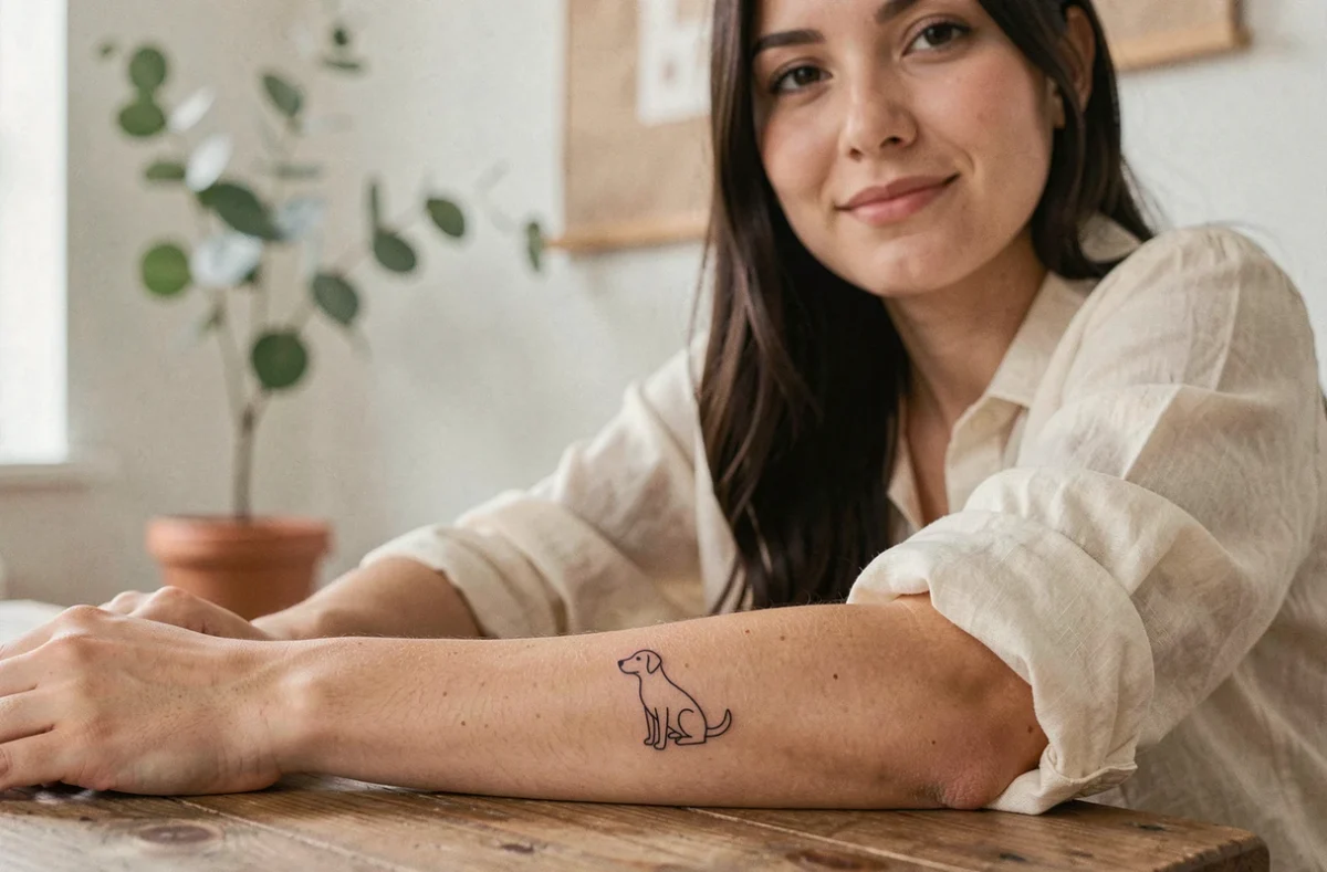 Femme montrant un tatouage minimaliste de chien en ligne fine sur le poignet intérieur dans un studio scandinave lumineux