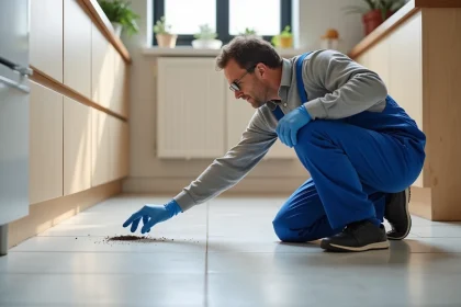Technicien en contrôle des parasites dans une cuisine domestique