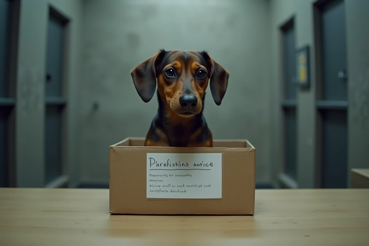 Teckel seul dans un carton dans un refuge animalier, illustrant la hausse des abandons post-effet de mode