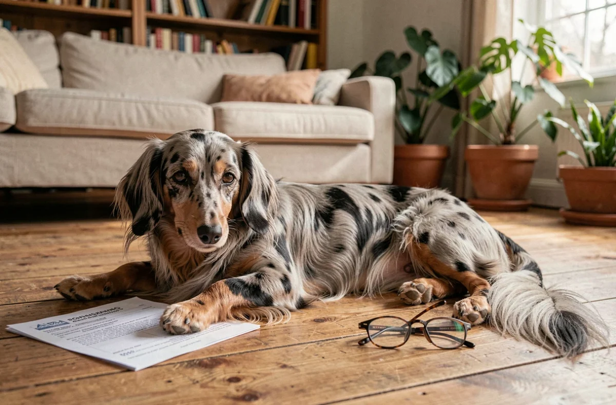 Teckel Arlequin poil long allongé à la maison avec un document d'assurance chien, ambiance domestique chaleureuse