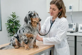 Teckel Arlequin poil long examiné par une vétérinaire en clinique, illustration de l'importance de l'assurance santé pour chien de race