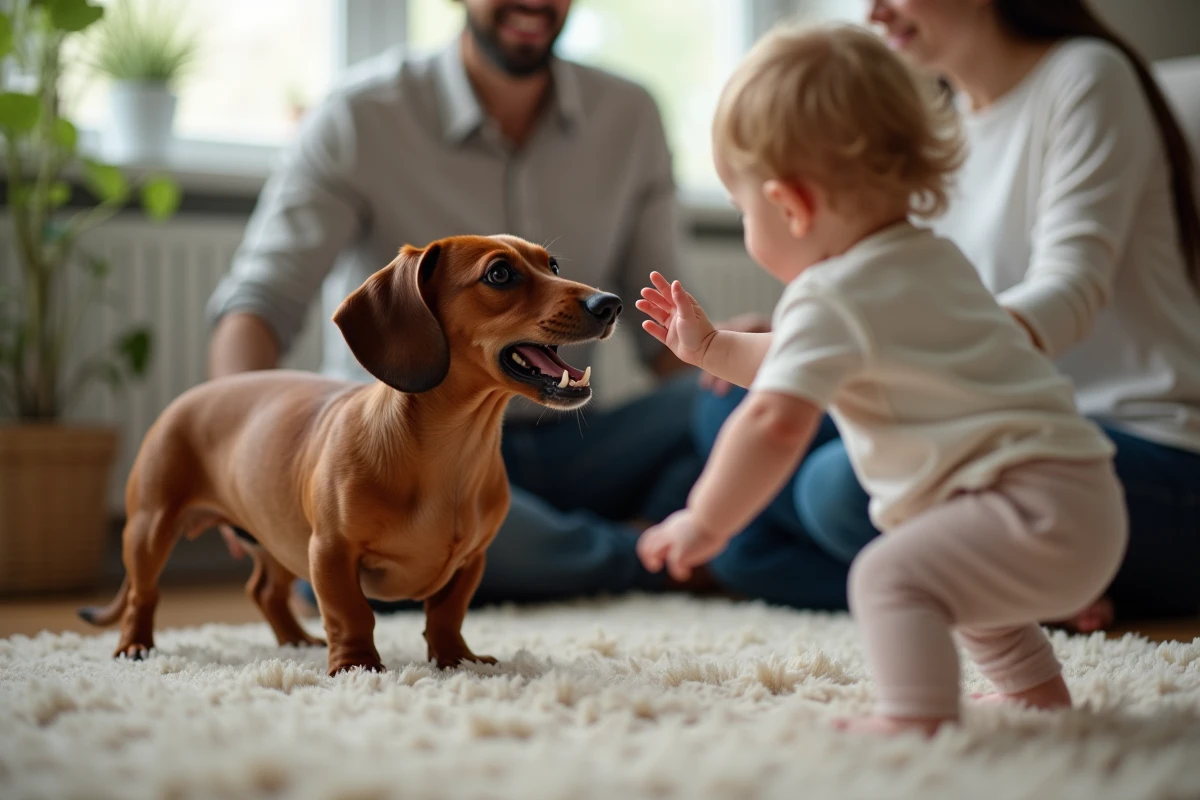 Teckel réagissant de façon défensive face à un tout-petit dans un salon, illustrant la cohabitation difficile avec les jeunes enfants