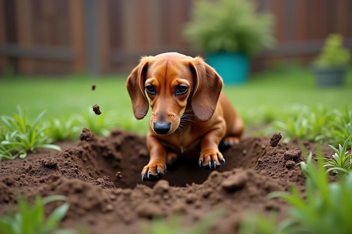 Teckel creusant un grand trou dans une plate-bande de jardin, illustrant le comportement de creusement compulsif