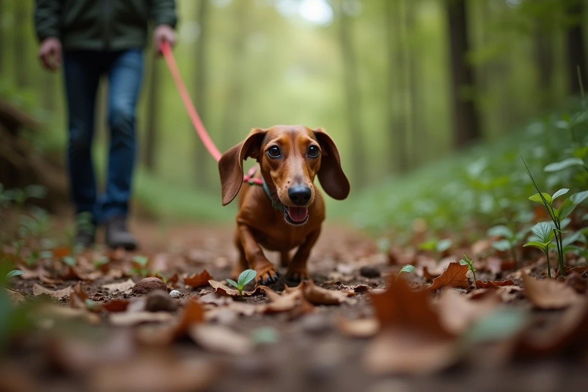 Teckel tirant frénétiquement sur sa laisse vers des buissons en forêt, illustrant l'instinct de chasse incontrôlable en promenade
