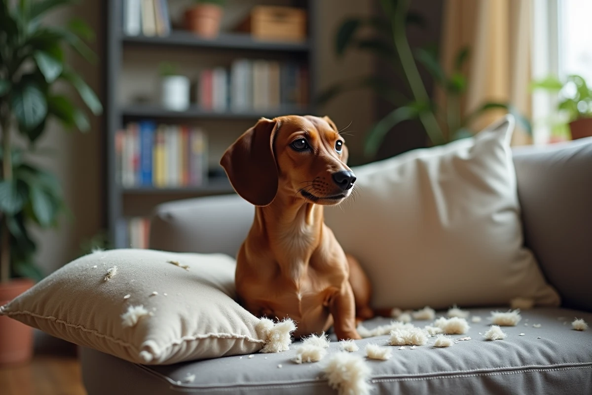Teckel seul sur un canapé entouré d'un coussin déchiqueté, illustrant l'intolérance à la solitude et les destructions