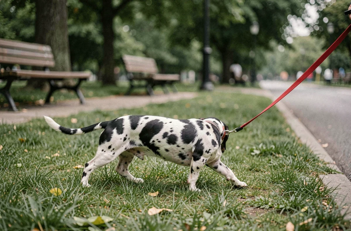 Teckel nain arlequin en promenade dans un parc, rappelant les risques du quotidien couverts par une assurance animale