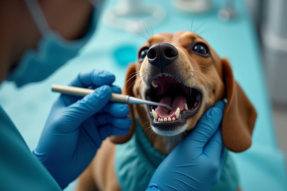 Vétérinaire examinant les dents serrées et tartrées d'un teckel, illustrant les problèmes dentaires chroniques de la race