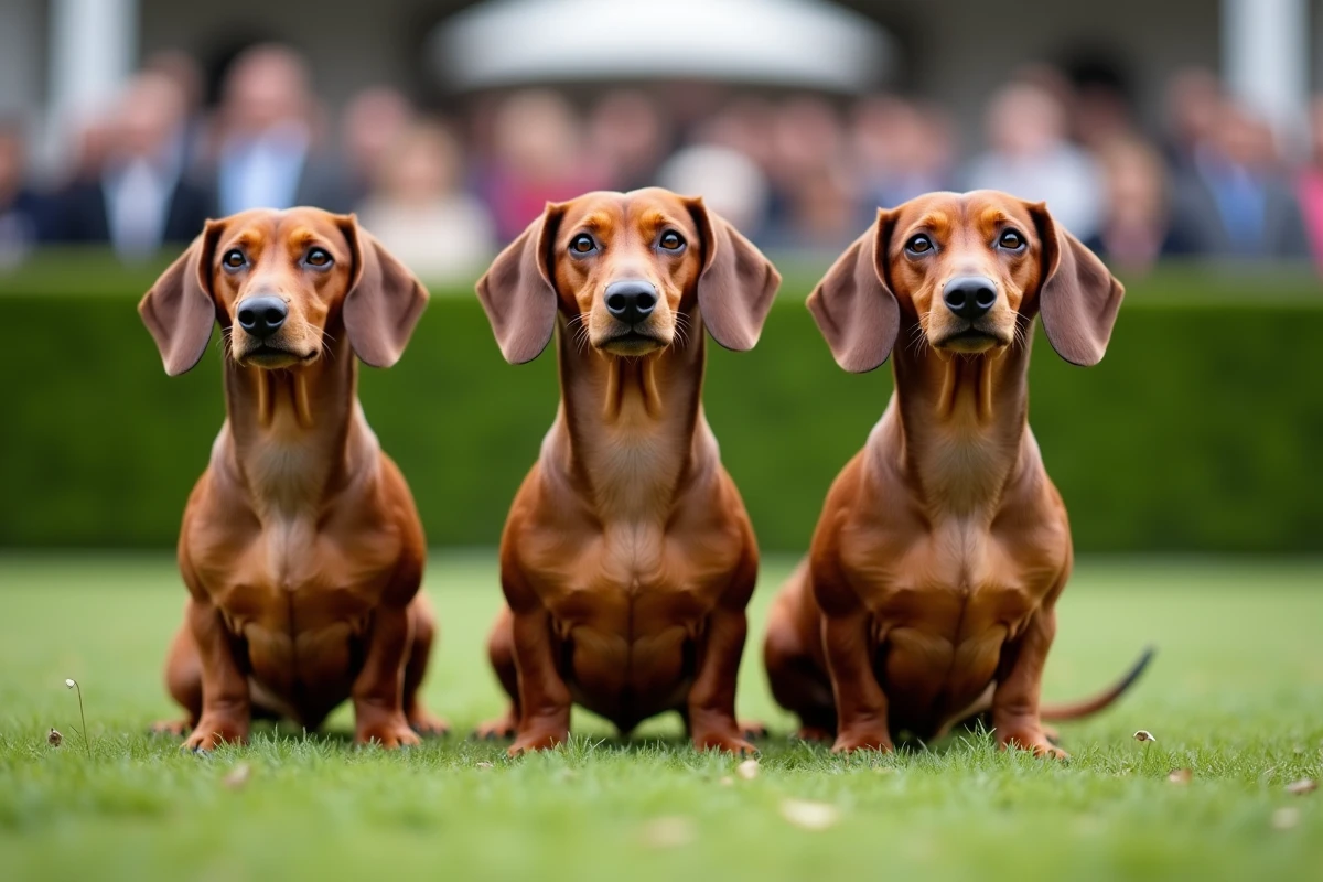 Trois teckels aux conformations extrêmes alignés sur un ring canin, illustrant la sélection morphologique excessive de la race
