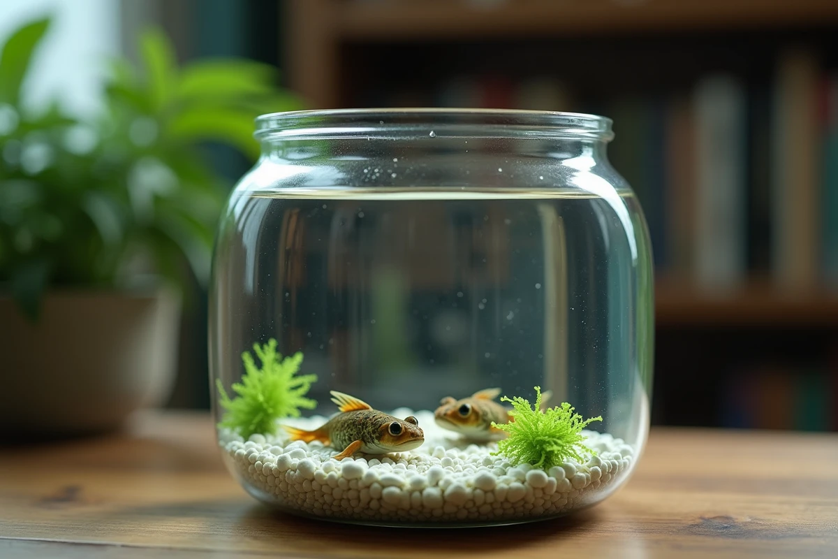 Têtards nageant dans un aquarium en verre avec algues et graviers, alimentation naturelle en aquariophilie