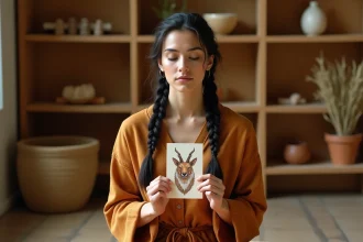 Femme méditant avec une carte animal totem dans un espace spirituel chaleureux et naturel