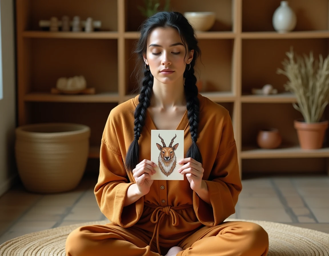 Femme méditant avec une carte animal totem dans un espace spirituel chaleureux et naturel