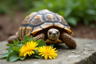 Tortue terrestre qui mange des feuilles de pissenlit comestibles dans un jardin naturel