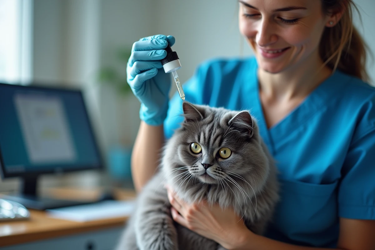 Vétérinaire appliquant des gouttes oculaires sur un chat persan souffrant d'un ulcère de la cornée lors d'une consultation