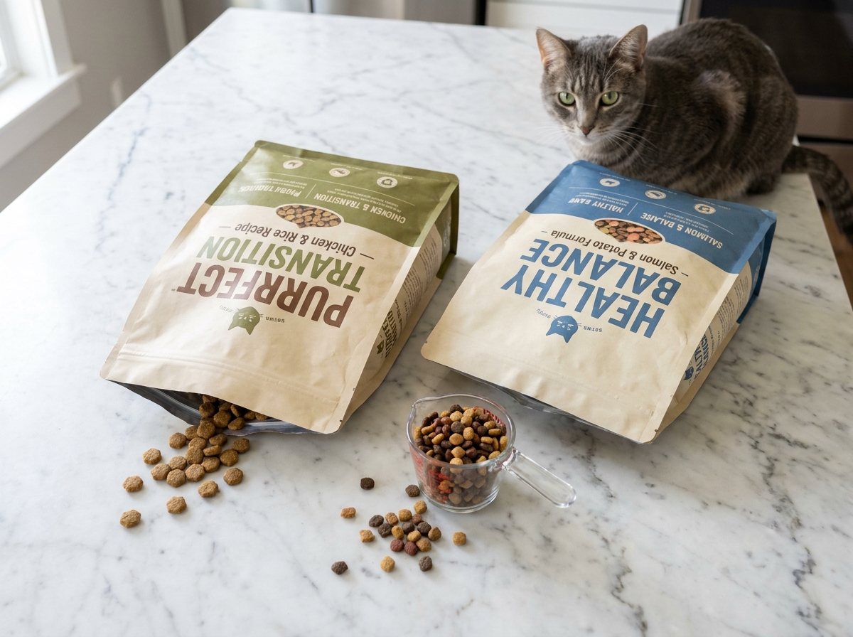 Deux sacs de croquettes pour chat côte à côte sur un plan de travail illustrant une transition alimentaire progressive