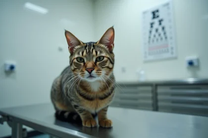 Chat tigré avec ulcère cornéen visible sur la table d'examen vétérinaire, œil gauche légèrement fermé et trouble