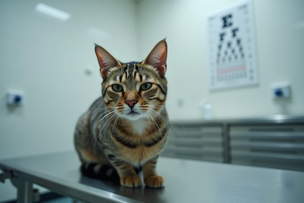 Chat tigré avec ulcère cornéen visible sur la table d'examen vétérinaire, œil gauche légèrement fermé et trouble