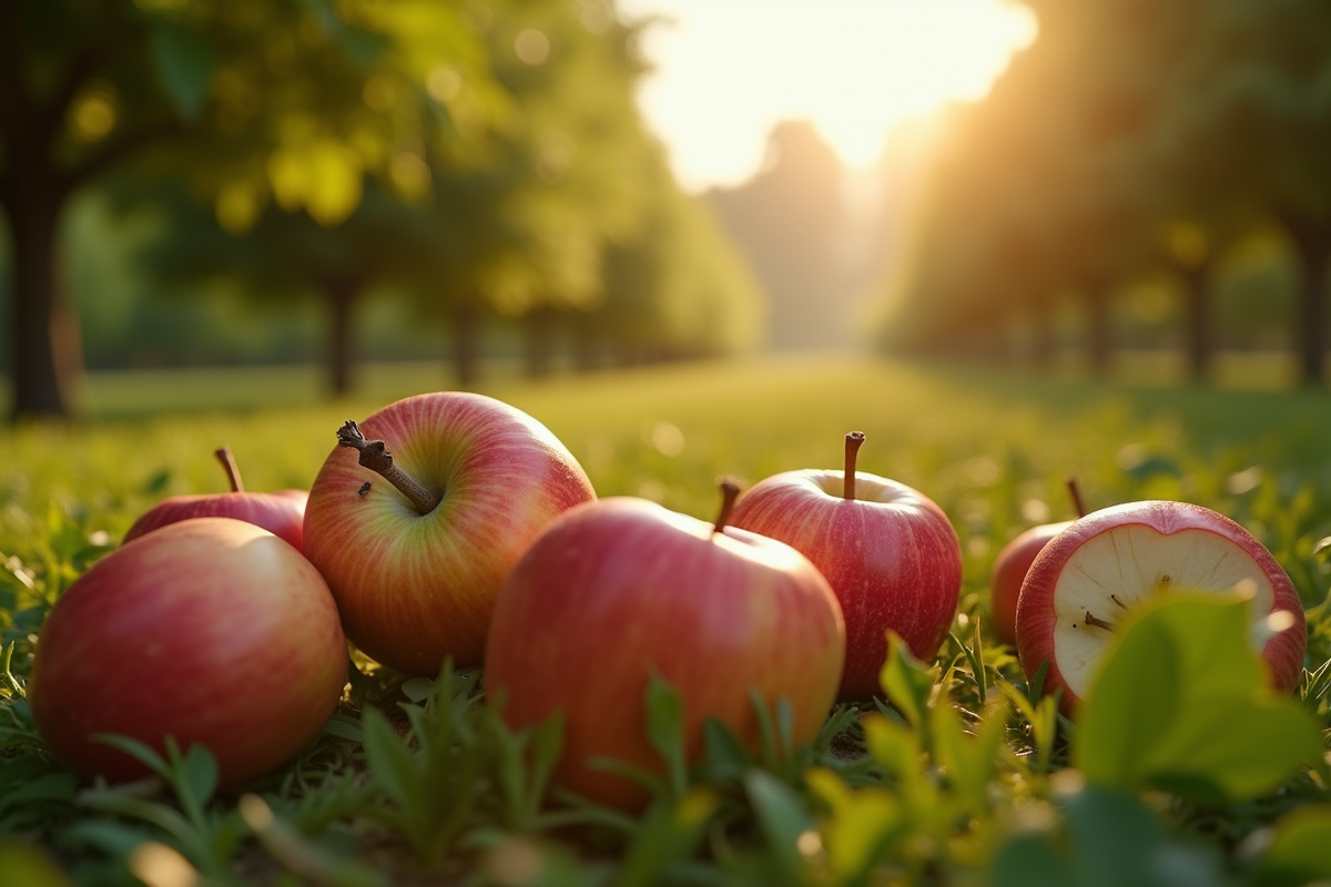 Verger de pommiers avec des pommes endommagées par la chenille