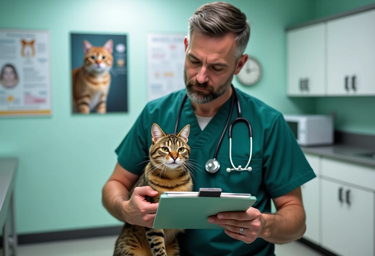 Vétérinaire examinant un chat en clinique avec sérieux