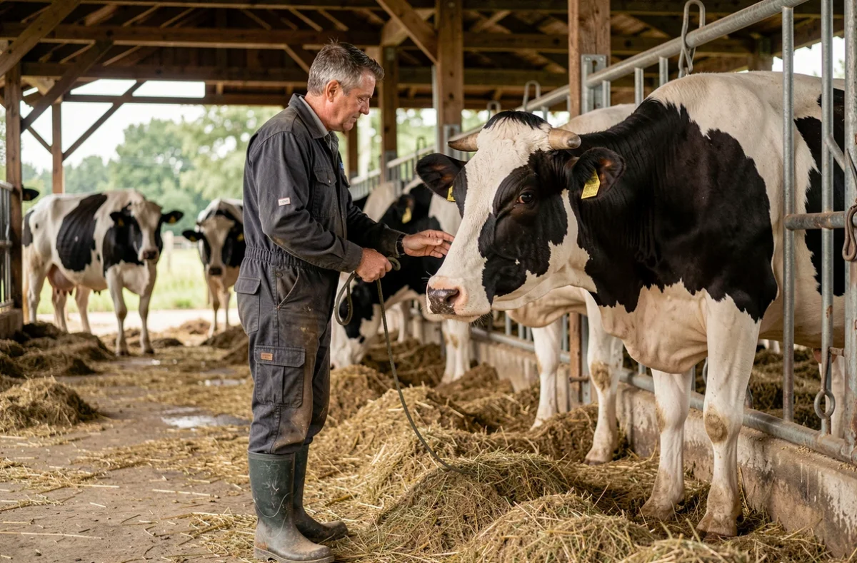 Le vétérinaire Benoit Fèvre examinant une vache Holstein lors d'une visite dans une ferme bovine