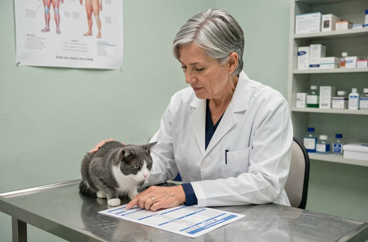 Vétérinaire montrant un calendrier de traitement antipuce à une propriétaire de chat en consultation