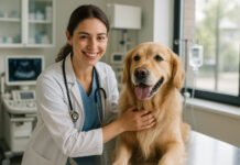 Vétérinaire souriante examinant un retriever dans une clinique moderne