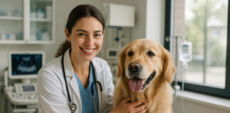 Vétérinaire souriante examinant un retriever dans une clinique moderne