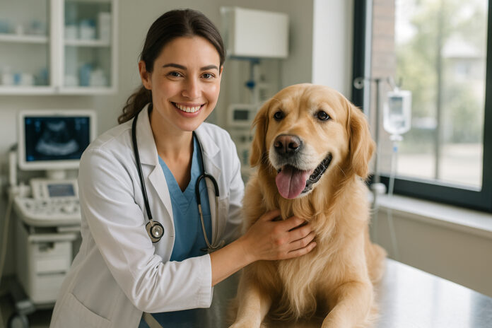 Vétérinaire souriante examinant un retriever dans une clinique moderne