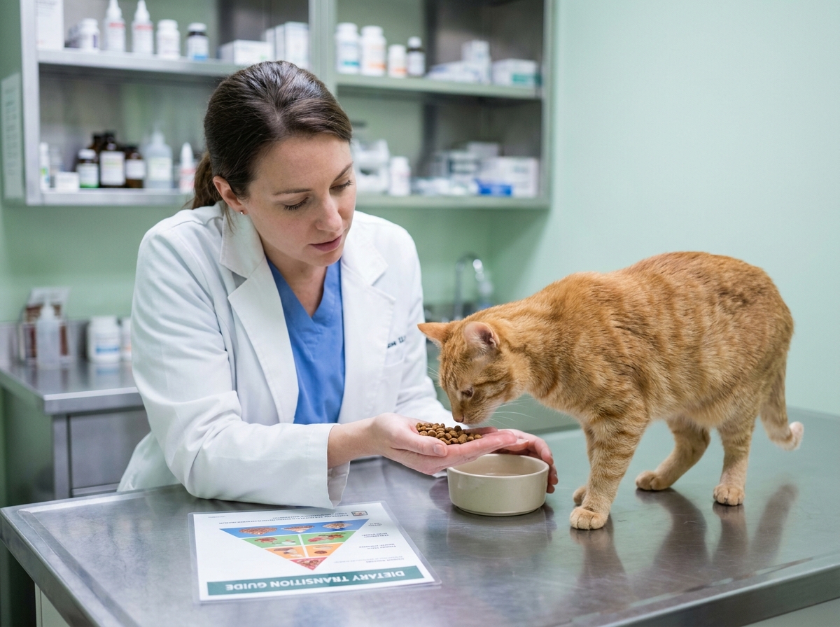 Vétérinaire tenant des croquettes dans la main pour conseiller sur le changement d'alimentation d'un chat en consultation