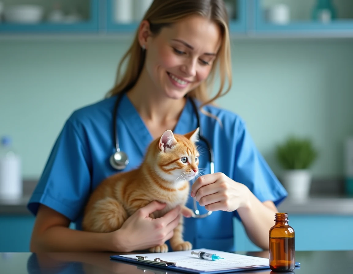Vétérinaire tenant un chat roux en consultation avec un flacon d'argent colloïdal et fiche de posologie