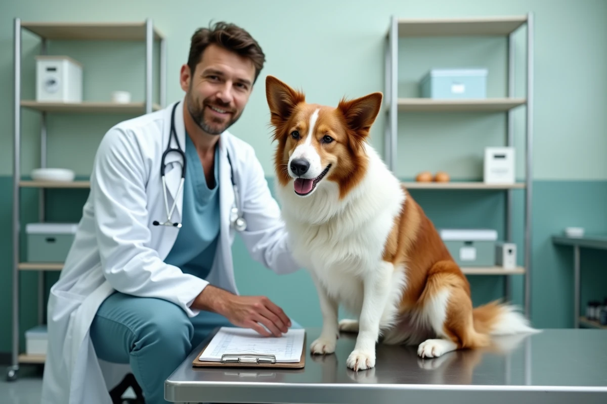 Vétérinaire examinant un border collie lors d'une consultation nutritionnelle en clinique vétérinaire