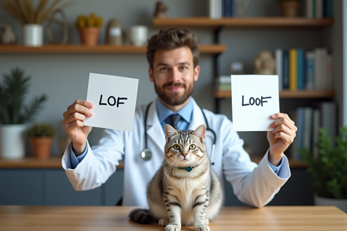 Vétérinaire tenant documents avec un chat dans une clinique