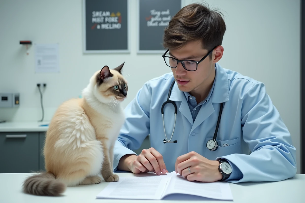 Vétérinaire vérifiant le pedigree d’un chat Sacred Birman