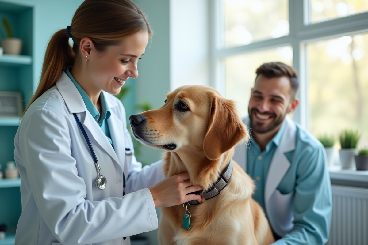 Vétérinaire examinant un golden retriever en clinique moderne