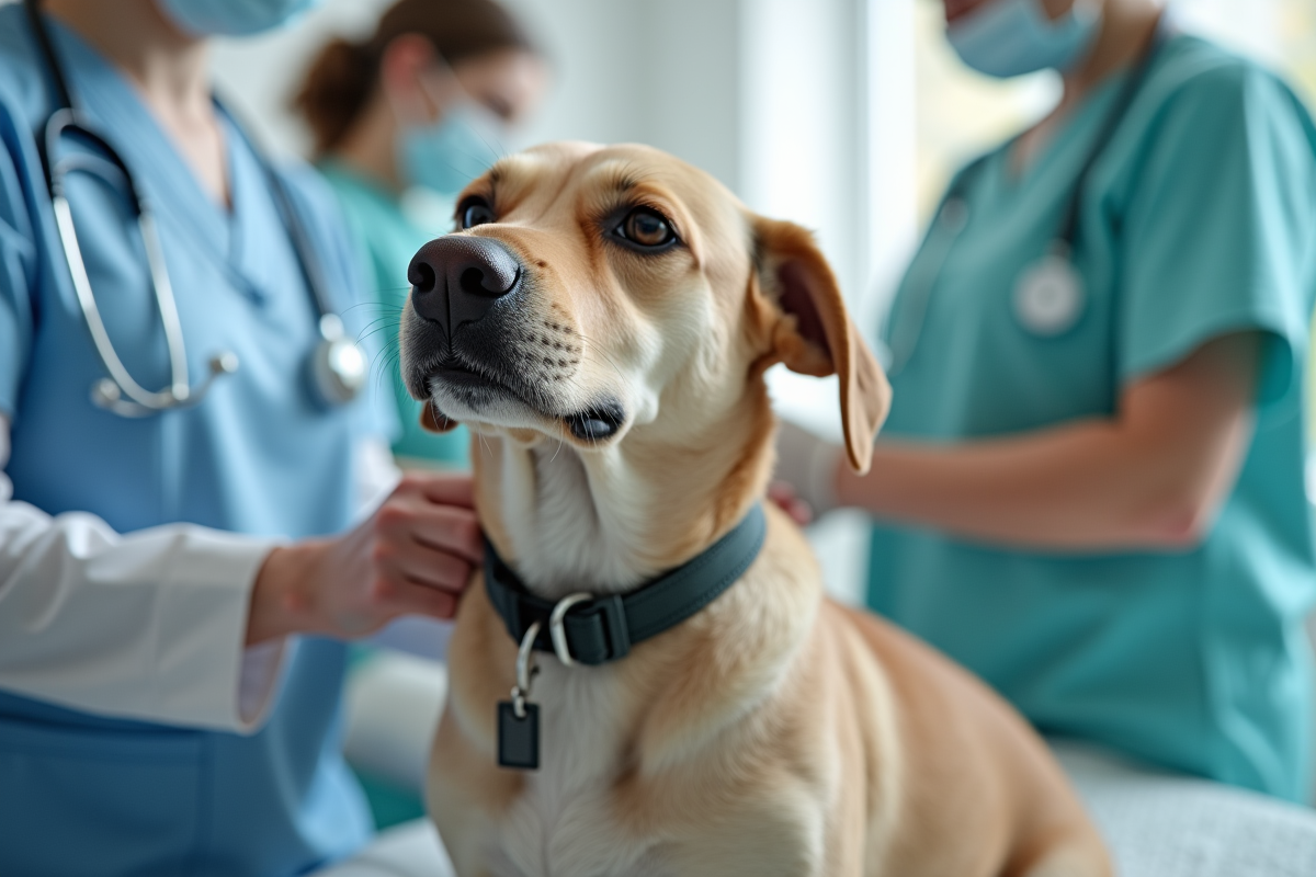 Vétérinaire examinant un chien calme dans une clinique propre