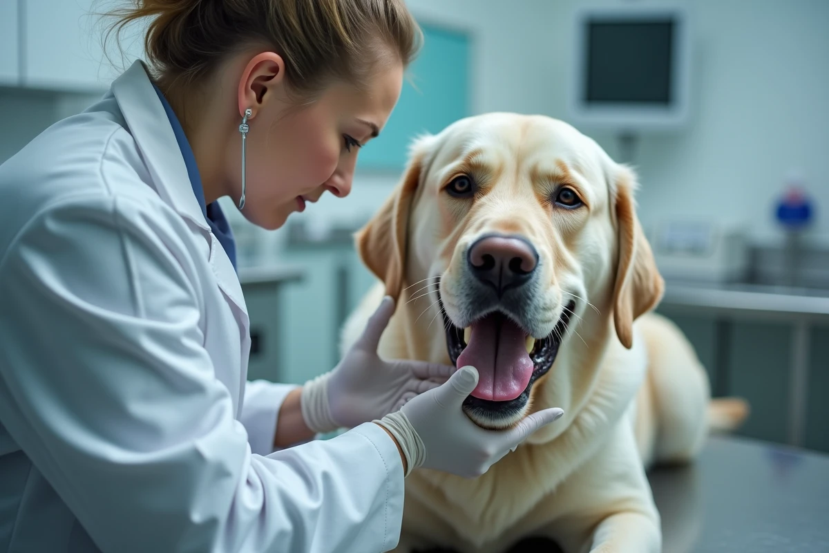 Vétérinaire examinant la mâchoire d'un Labrador Retriever en clinique vétérinaire, étude scientifique de la pression de morsure canine