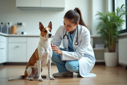 Vétérinaire examinant un Fox Terrier à poil court dans une clinique moderne, illustration pour l'assurance chien